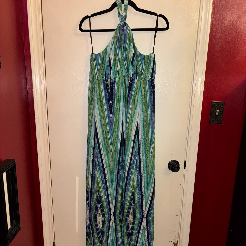 Snap Green, Blue & White Halter Maxi Dress
